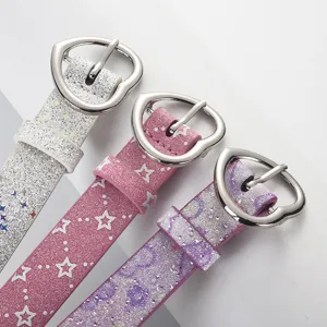 Unisex Fashion PU Leather Thin Belt With Heart Metal Pin Buckle Glitter Star Print Casual Waistband For Women Daily