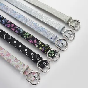 Trendy thin PU leather belt with cute heart buckle, glitter star butterfly print accessory.
