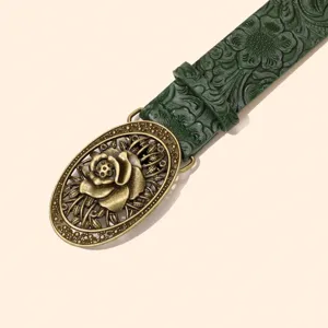 Vintage dark green embossed leather belt with antique bronze oval carved rose metal buckle.