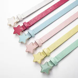 Children candy color star buckle leather belt, stylish cute girls jeans dress accessory.