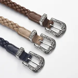 Set of 3 braided leather belts for women with vintage carved silver metal buckles for jeans.