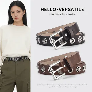 Women punk style wide leather belt with metal eyelets and retro flower rivets for jeans.