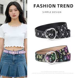 Trendy PU leather thin waist belt with cute heart buckle and stylish prints for women.