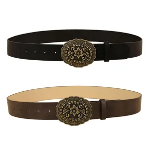 Vintage oval buckle leather belt for women and men, classic bronze carved casual waist belt.