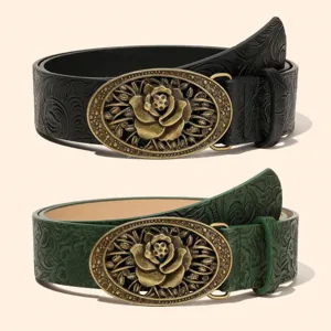 Vintage rose buckle belt for women with embossed leather strap and oval carved metal buckle.