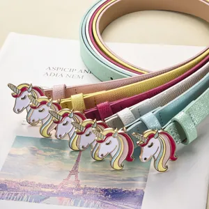 Colorful children skinny belt set featuring cute unicorn metal buckles for daily wear.