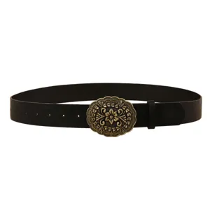 Vintage retro style black leather belt featuring an ornate bronze floral oval metal buckle.