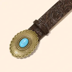Western vintage embossed leather belt featuring an ornate bronze buckle and blue turquoise stone.