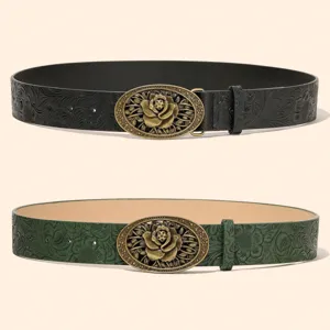 Vintage rose buckle women belt embossed floral leather waist strap chic accessory