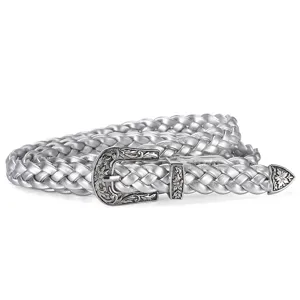 Silver braided belt for women with vintage carved metal buckle, casual jeans waist belt