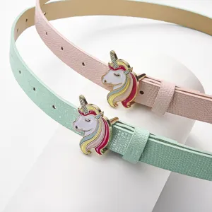 Kids cute unicorn metal buckle thin belt set, stylish pastel PU leather belt for daily wear.