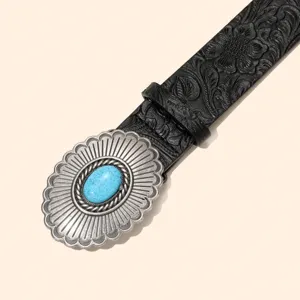 Vintage western leather belt with carved silver turquoise buckle and floral embossed black strap.