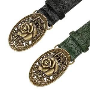 Vintage Women Belt Oval Floral Metal Buckle Embossed PU Leather Waistband Fashion Main Image