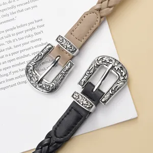 Retro women's braided belt with vintage engraved metal buckle casual versatile jeans accessory