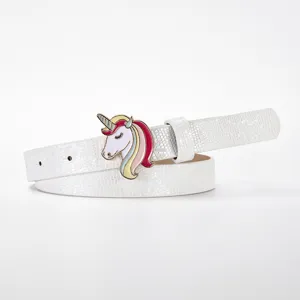 Kids white thin belt with cute unicorn metal buckle, fashionable decorative waist belt.