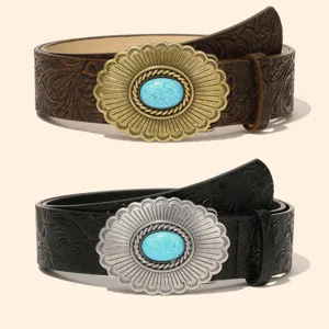 Vintage Western embossed leather belt with large turquoise flower buckle for men and women.