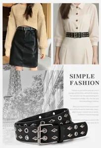Punk style wide leather belt with double pin buckle and metal eyelets for women and men.