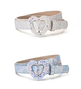Ceinture fine enfant boucle cœur pailletée, accessoire de taille en similicuir brillant look.