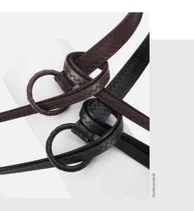 Women retro thin leather belt set elegant woven knot waist strap versatile jeans accessory