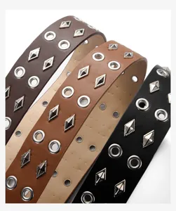Punk style wide leather belt with metal eyelets and diamond studs for versatile daily wear.