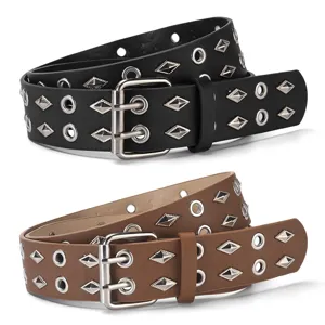Punk Style Unisex PU Leather Belt Double Prong Pin Buckle Metal Eyelets Rivet Jeans Belt Fashion Accessory