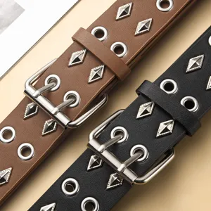 Punk style double grommet wide belt featuring metal pin buckles and studded rivets.