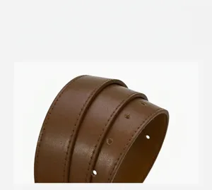 Brown PU leather belt close-up view showing fine texture, neat stitching and punch holes.