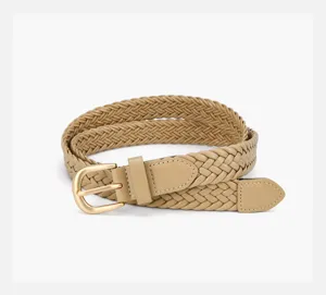 Close-up detail of a women's beige braided PU leather belt with a gold metal pin buckle.