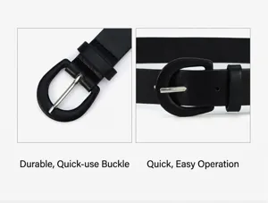 Black leather belt detail close-up showcasing durable metal pin buckle and sleek design.