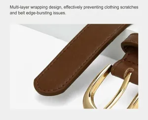 Detailed macro shot of brown PU leather belt showing golden buckle and neat edge stitching.