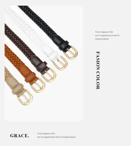 Detail view of the woven PU leather women waist belt featuring stylish braided design and buckle.