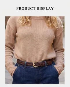 Women brown braided leather belt casual waist strap metal buckle vintage jeans pants accessories