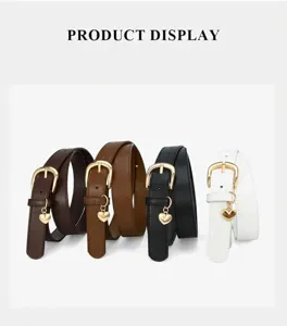 Detailed view of Korean style women PU leather belt with cute heart metal charm pendant.