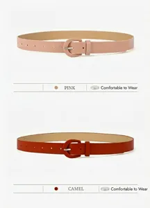Women's slim candy color PU leather belt with round buckle, stylish daily accessory detail view