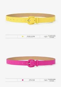 Women's candy color thin leather belt with pin buckle fashion casual waist strap for dress.