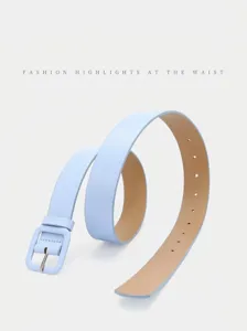 Light blue decorative belt for women, simple square buckle waist accessory for dresses and jeans.