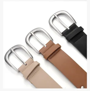 Women PU leather belt with silver metal pin buckle, classic casual waistband in multiple colors.