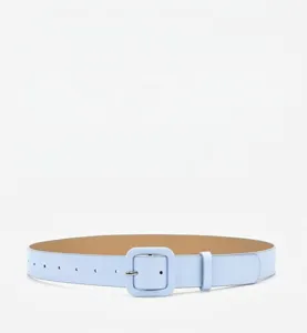 Light blue belt close-up, sleek square buckle detail, premium PU leather texture.