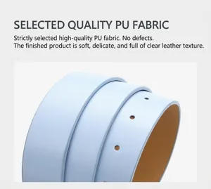 Detail view of light blue PU leather belt, premium texture and neat hole punching for women's waist