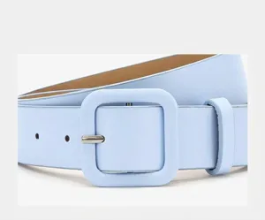 Light blue leather belt detail featuring a matching wrapped square buckle and clean finish.