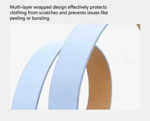 Light blue leather belt detail, curved strap design showing smooth edge craftsmanship and quality texture.