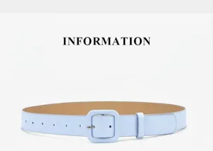 Light blue women leather belt detail showcasing square buckle and clean minimalist strap design.