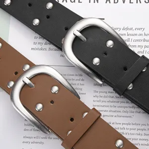 Cintura larga da donna in pelle stile punk con doppie borchie e fibbia in metallo