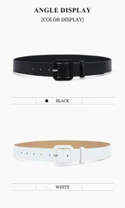 Detailed view of minimalist women casual belt featuring square buckle in classic black and white.