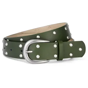 Cintura larga in pelle verde scuro da donna con doppie borchie argentate e fibbia classica.