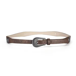 Cinturón marrón estilo western de piel PU con hebilla plateada vintage para mujer