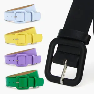 Women fashion leather belt casual wide waist strap with square buckle dress jeans accessory