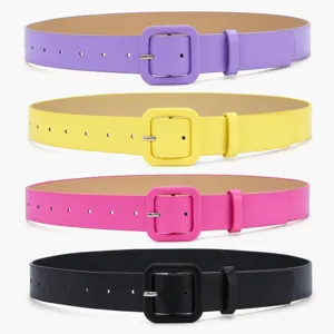Colorful wide leather belts set with square buckle for women fashion dress accessories.