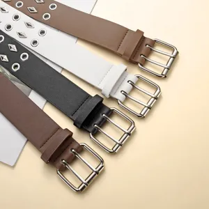 Punk wide leather belt for men and women with double grommets, metal eyelets and cool stud designs.