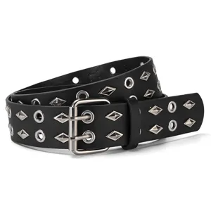Punk Style Black Double Grommet Leather Belt with Metal Buckle and Diamond Studs for Unisex